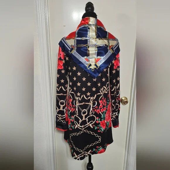 #00953 Floral Striped Button-Up Shirt Dress With Scarf - Picture 6 of 7